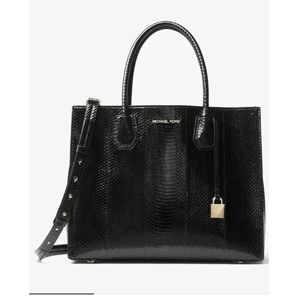 MICHAEL KORS Mercer Large Convertible‎ Black Genuine Snakeskin Tote Shoulder Bag